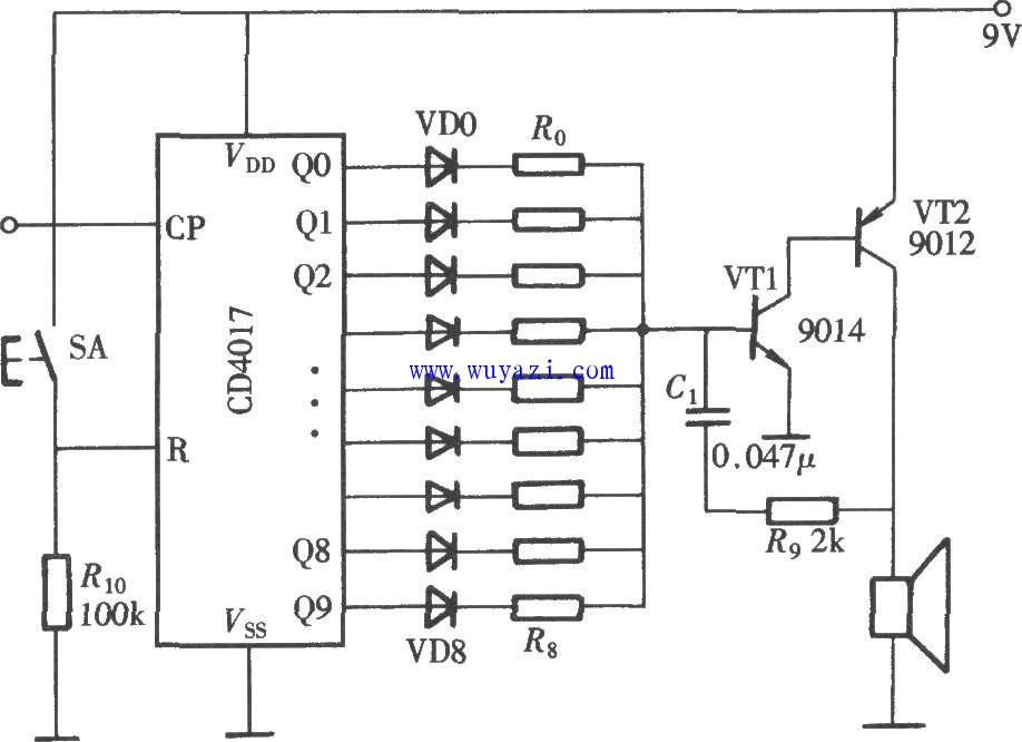 CD4017組成的電子八音盒電路圖