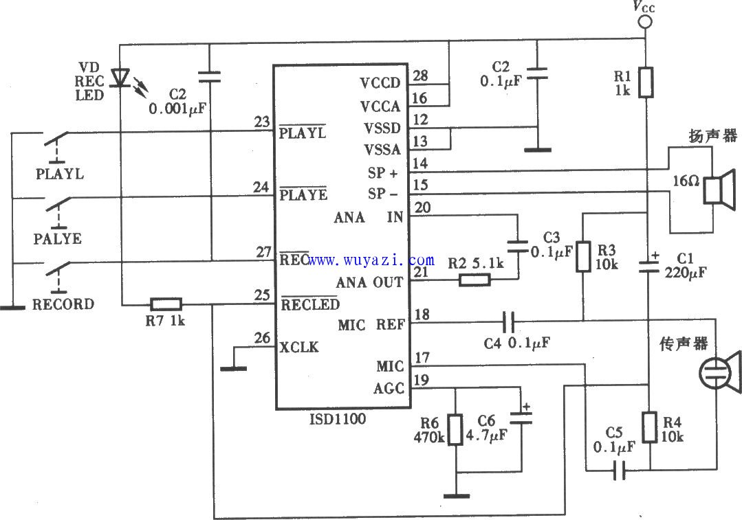 ISD1100/ISD1100P分段錄放語音電路圖