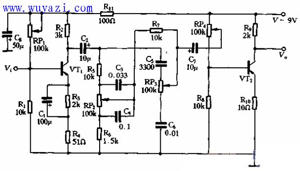 晶體管衰減式音調控制電路圖