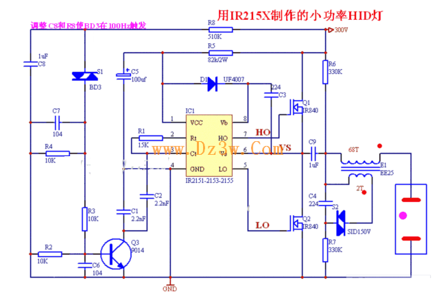 用IR2151/IR253/IR255製作的小功率金鹵燈(HID燈)電路圖
