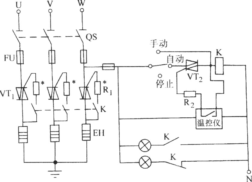雙向晶閘管控制三相電熱器件的典型電路圖