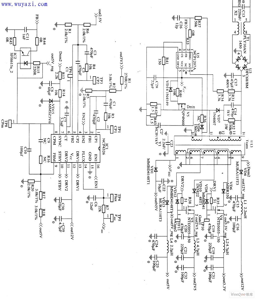 NCP4326和NCP1207組成的AC/DC多輸出電路圖