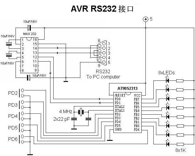 AT90S2313微控制器RS232串口介面電路圖