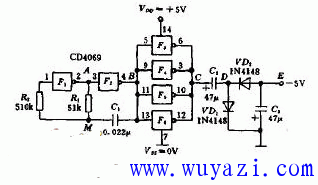 利用CMOS門電路產生負-5V電源的電路圖