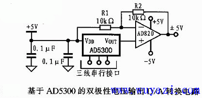 基於AD5300的雙極性電壓輸出D/A轉換電路圖