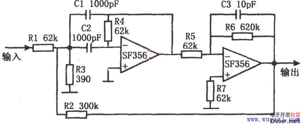 採用阻貳運算放大器SF356高Q帶通濾波電路