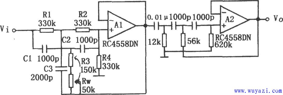 具有銳截止特性的有源高通濾波器(RC4558DN)