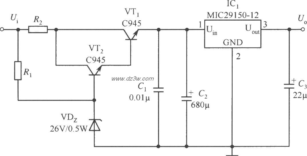 MIC29150-12構成的具有寬輸入電壓範圍的穩壓器電路