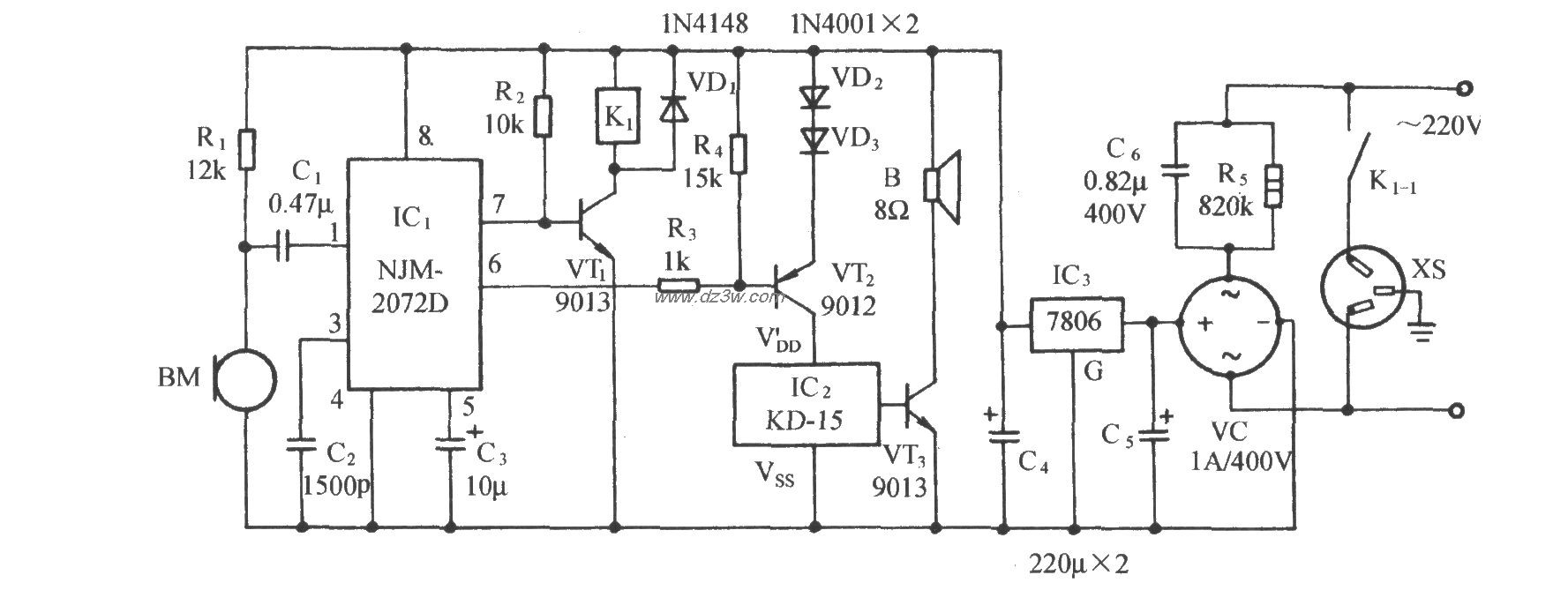 用NJM2072D的聲控音樂插座電路(1)