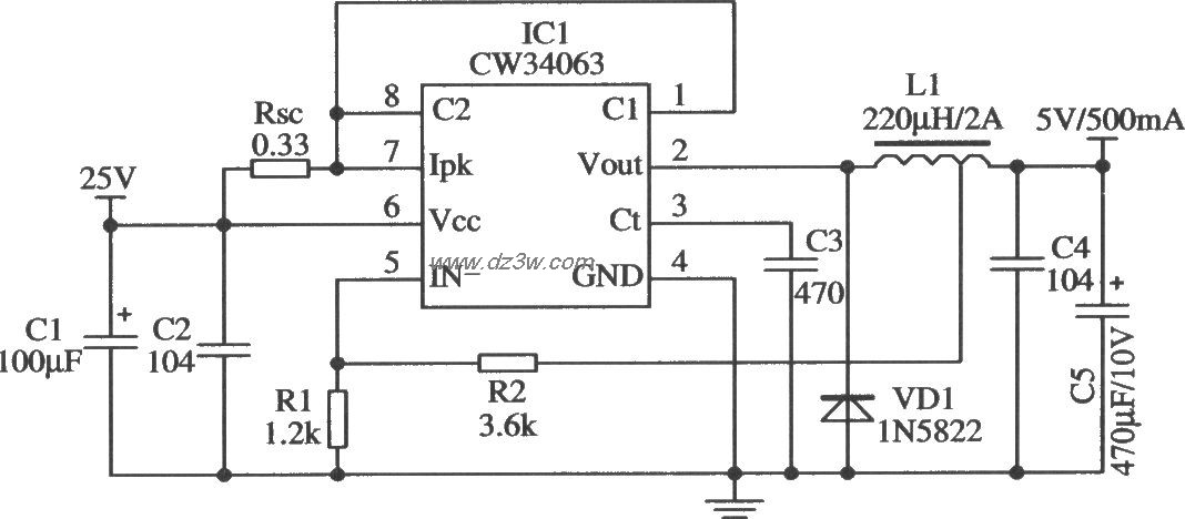 CW34063構成的降壓型的典型應用電路