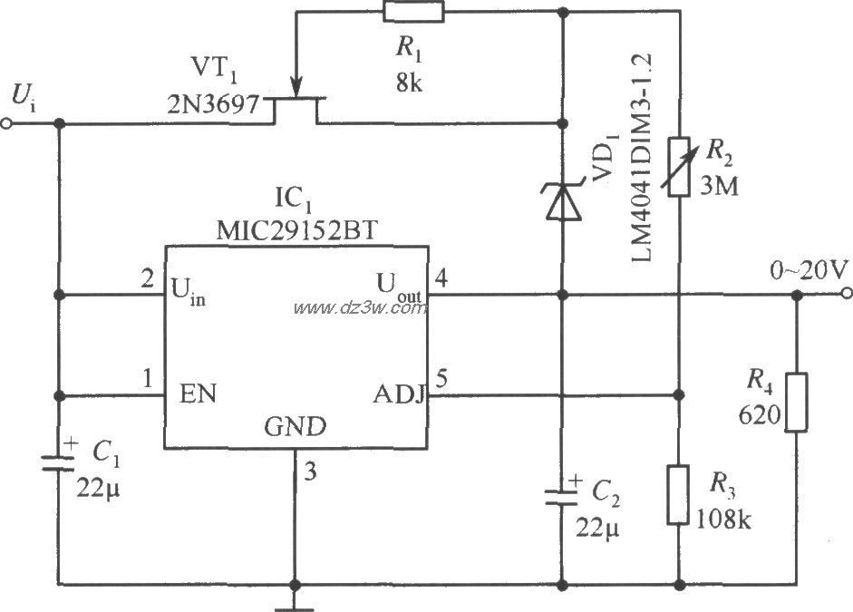 MIC29152BT構成的輸出電壓0～20V連續可調的穩壓器電路