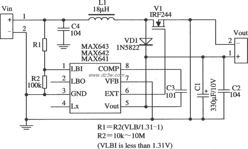 MAX641/MAX642構成的外加功率開關管的典型應用電路