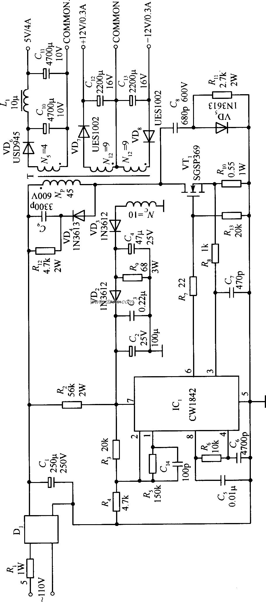 由CW1842外接MOS功率管單端反射變換器電路