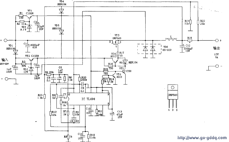 TL494組成的降壓型DCDC開關電源電路圖(12V,5A輸出)