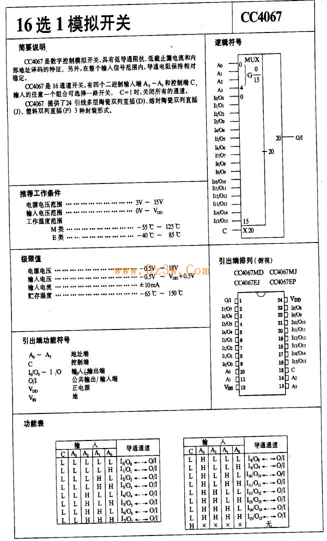 16路模擬開關CD4067,CC4067中文資料
