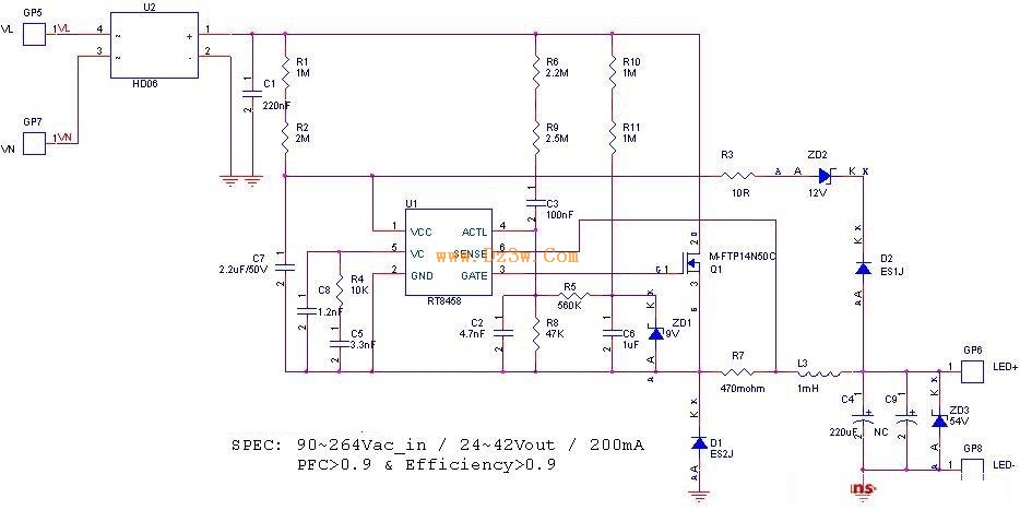 採用RT8458交流電源直接供電的LED驅動器電路分析