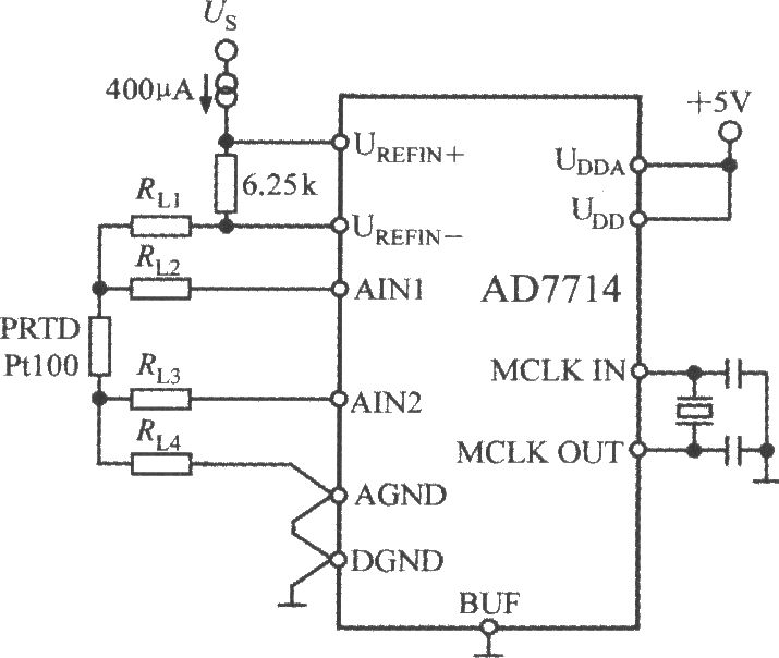 AD7714與Pt100型鉑熱電阻(PRTD)構成的測溫電路