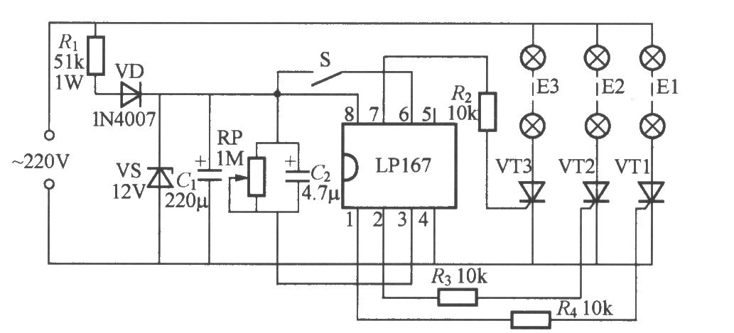 LP167組成的三路閃爍燈控制器電路圖