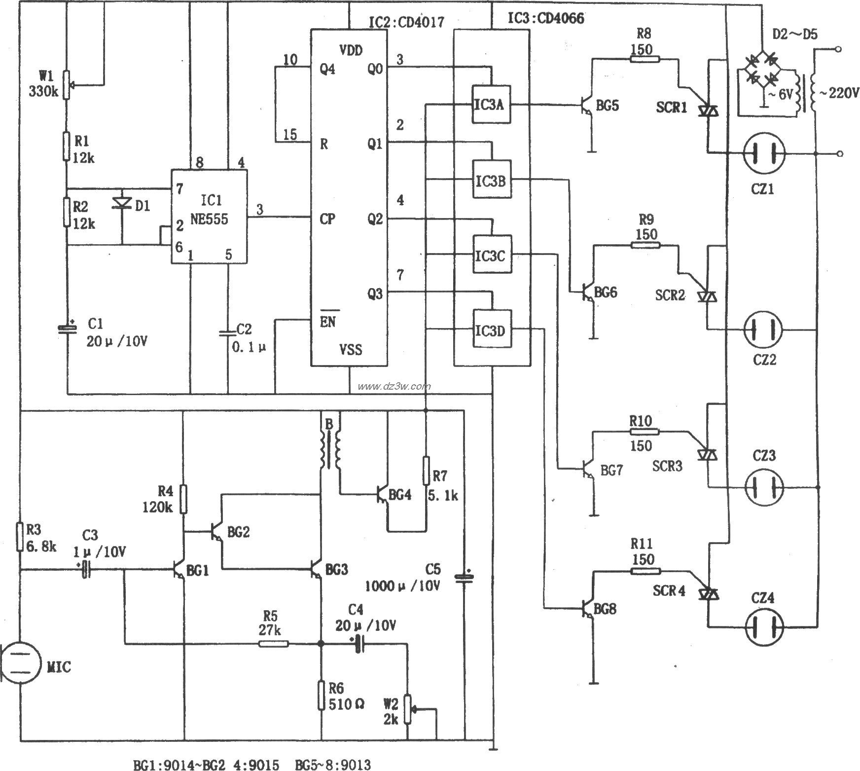 音樂彩燈控制電路(NE555、CD4066、CD4017)