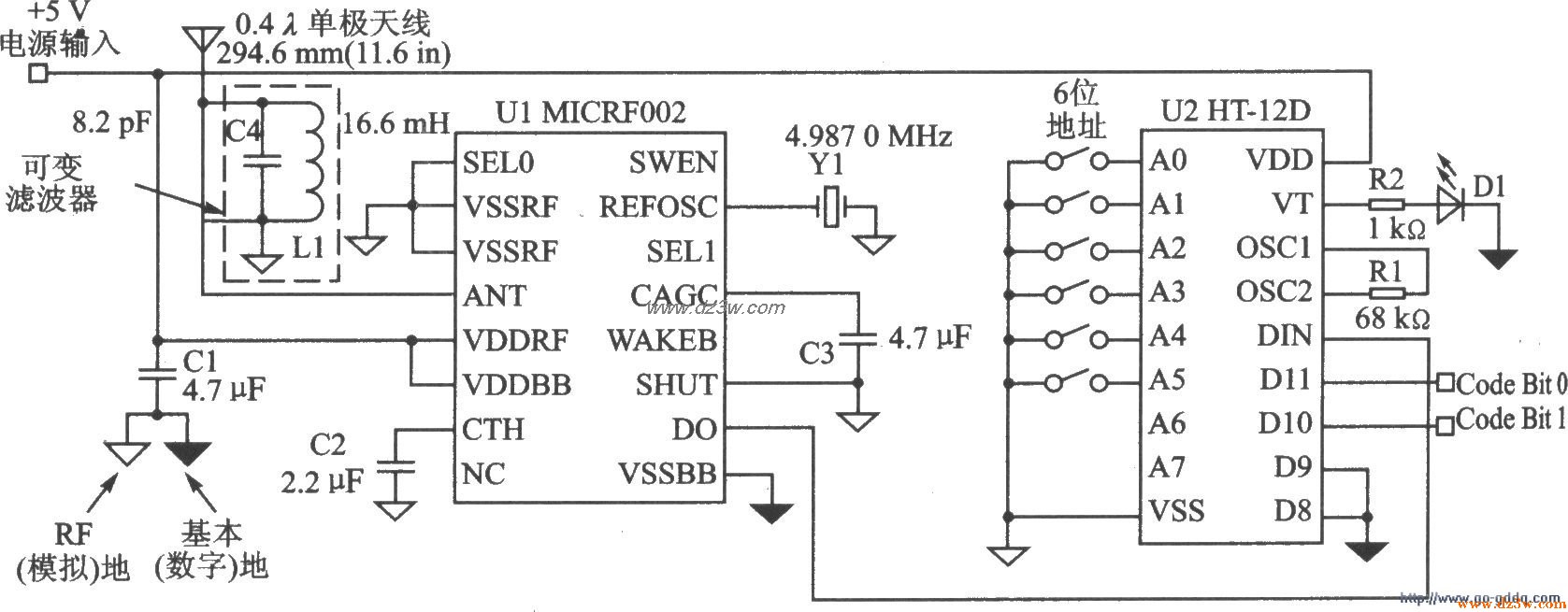 ASK/OOK接收器MICRF002/MICRF022應用電路圖