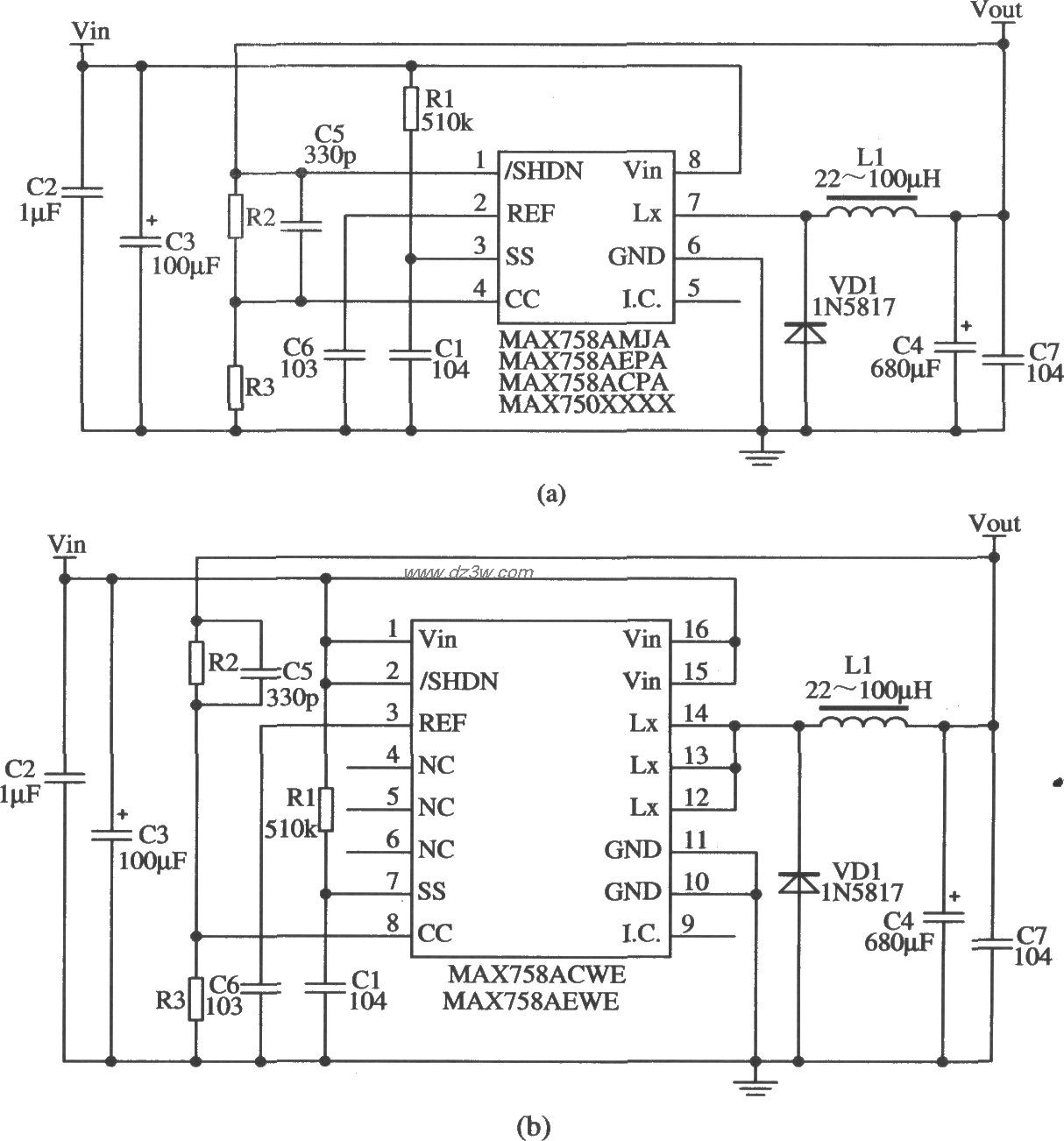 電流型開關集成穩壓器MAX750A／MAX758A的典型應用電路