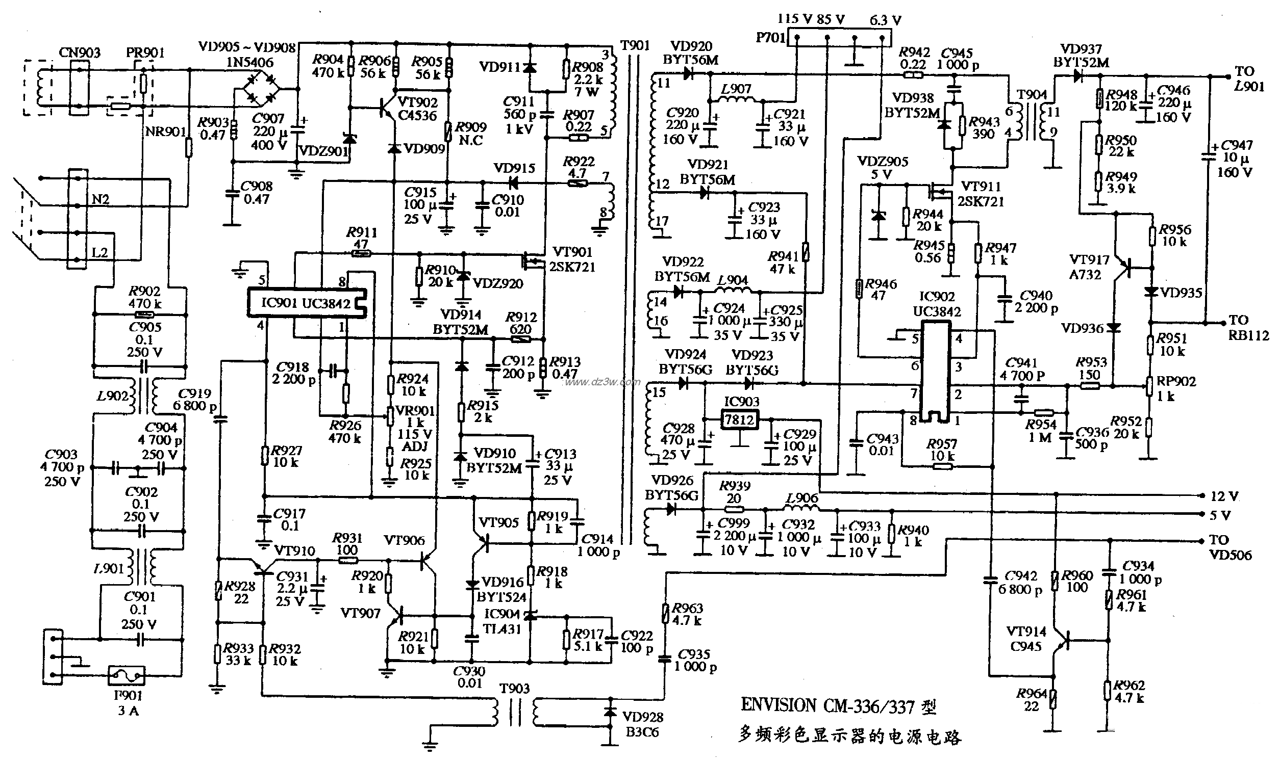 ENVISION CM-336/337型多頻彩色顯示器的電源電路圖