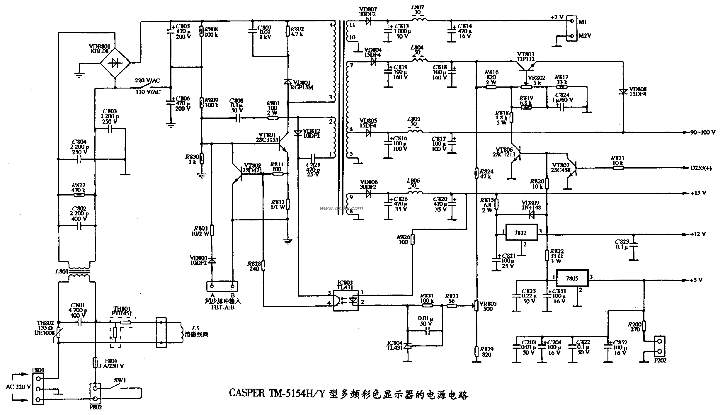 CASPER TM-5154H型SVGA多頻彩色顯示器的電源電路圖