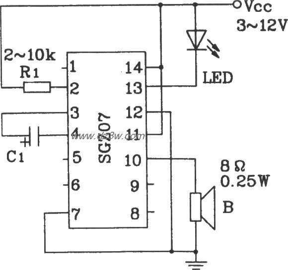 由SGZ07聲光報警集成電路構成單頻率聲光信號源電路