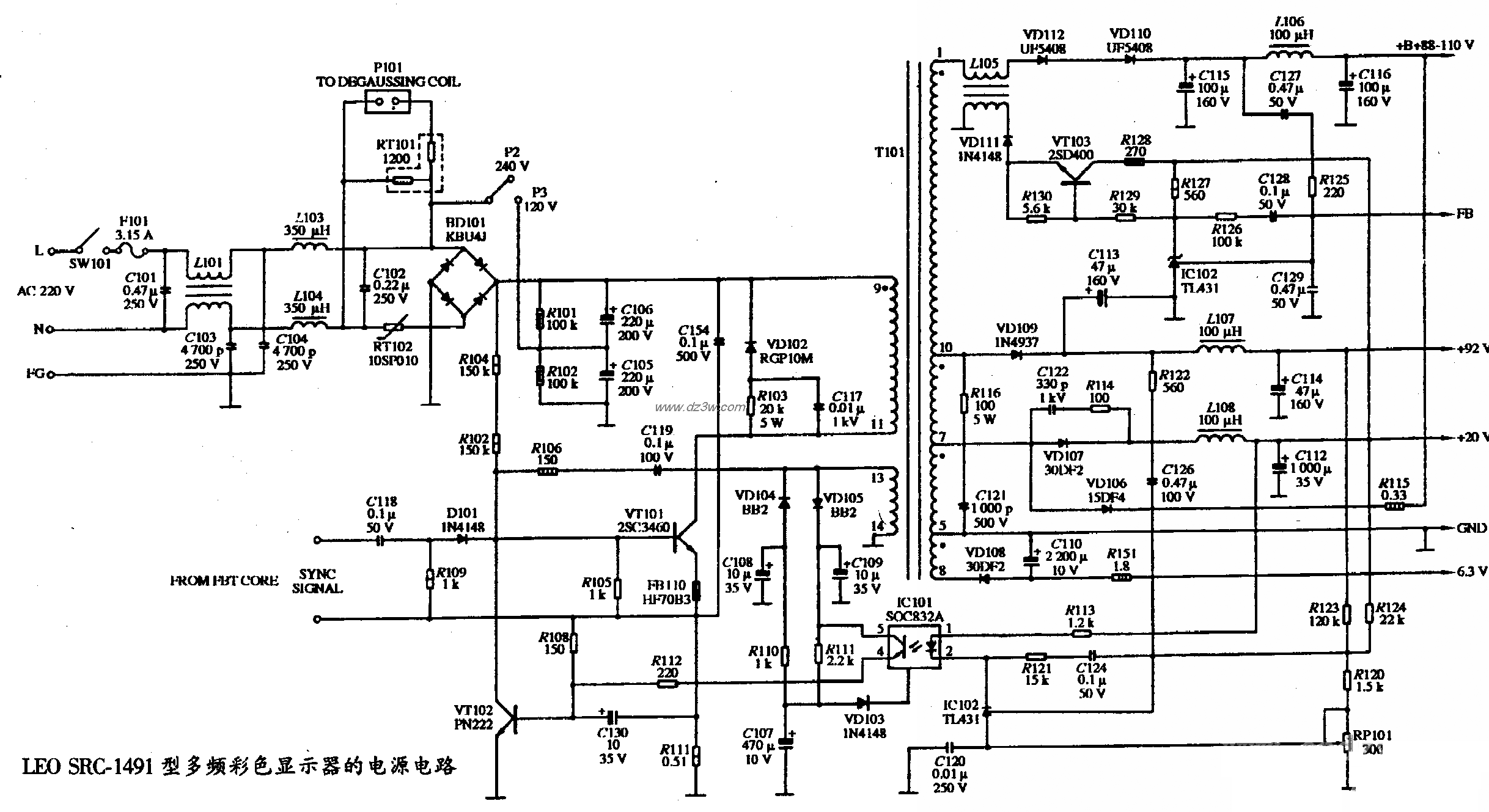 LEO SRC-1491型多頻彩色顯示器的電源電路圖