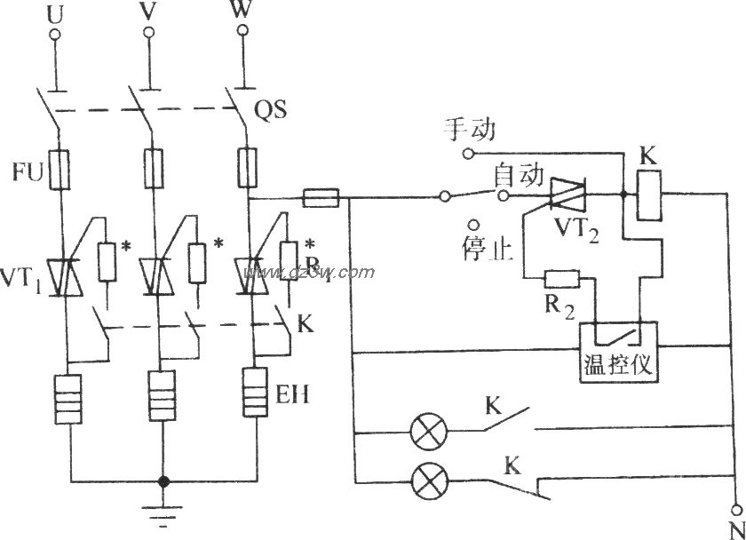 雙向晶閘管控制三相電熱器件的典型電路