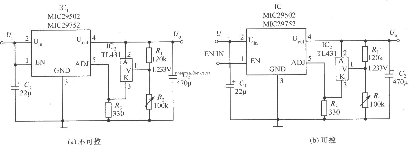 MIC29502／MIC29752構成的輸出精度得到改善的穩壓器電路