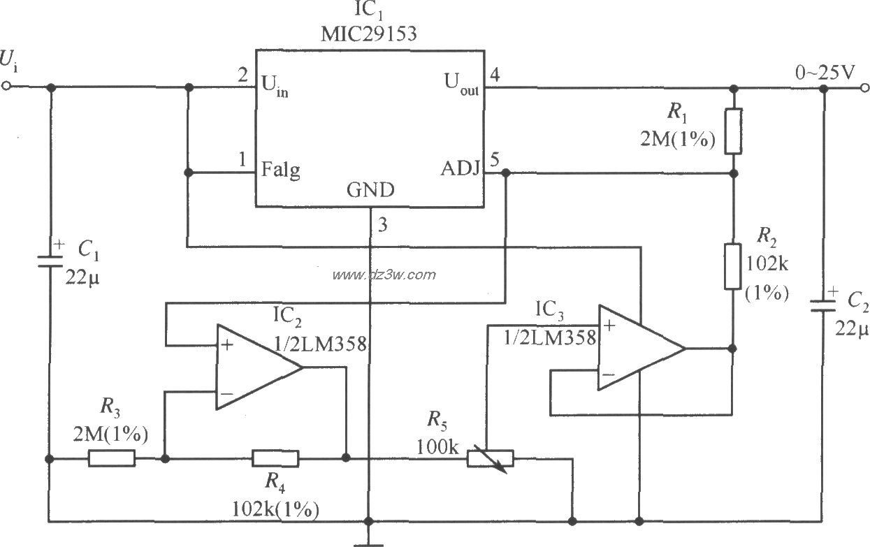 MIC29153構成的輸出電壓0～25V連續可調的穩壓器電路