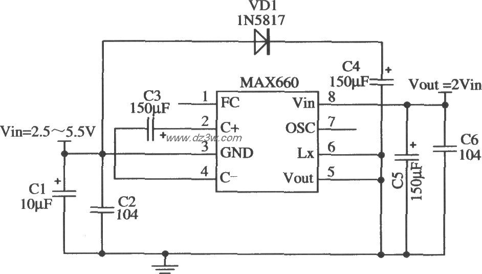 MAX660構成輸出二倍壓的應用電路