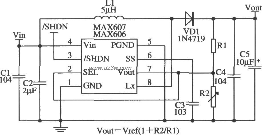 MAX606/MAX607構成可調輸出式的應用電路