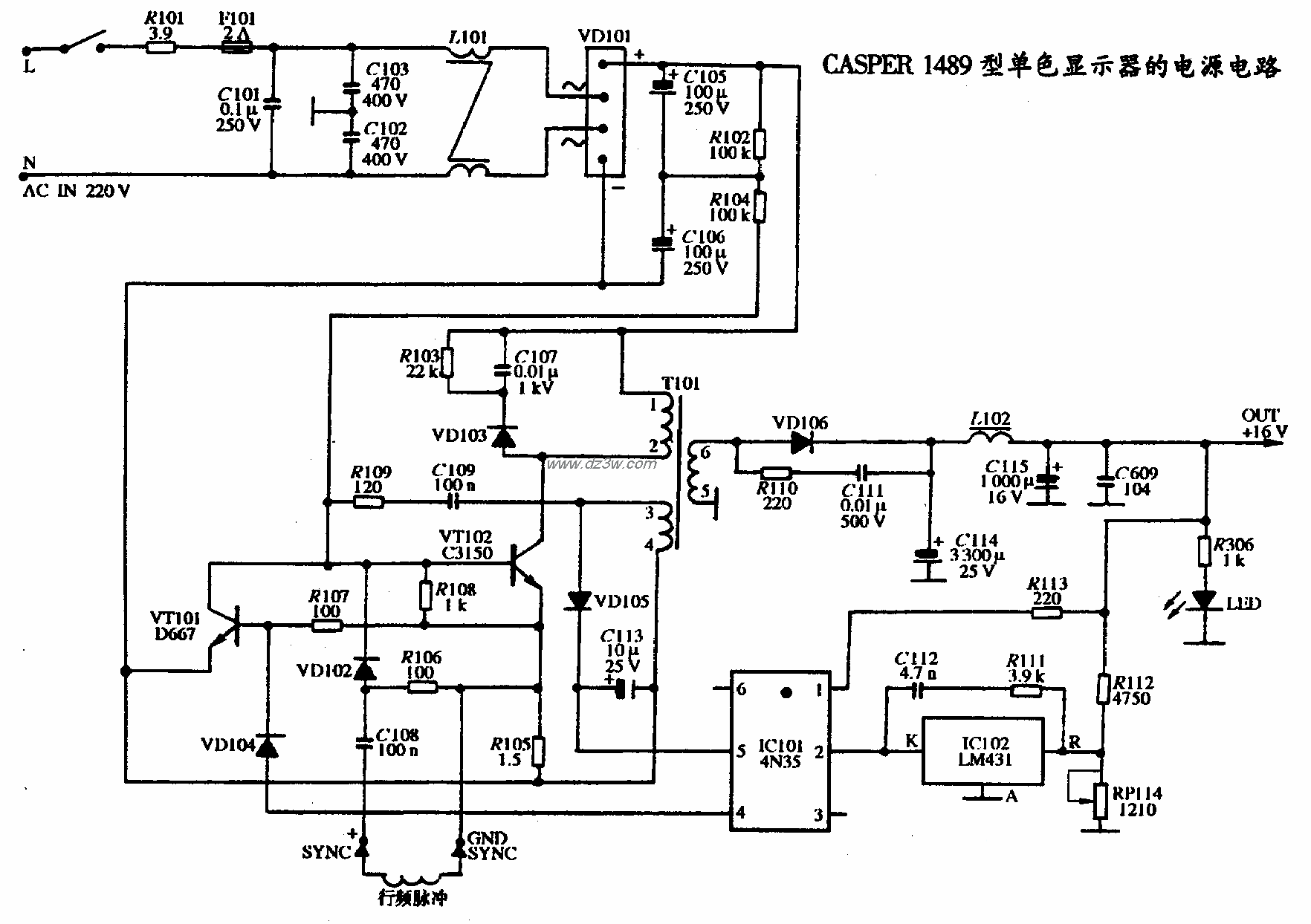 CASPER 1489型單色顯示器的電源電路圖