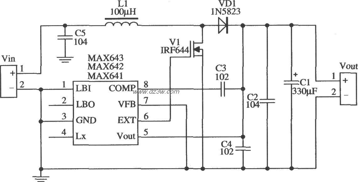 MAX641/MAX642構成的輸出電流較大的升壓型應用電路