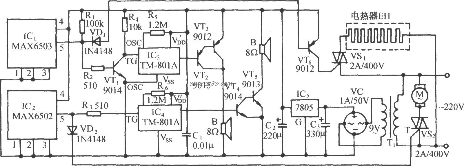 上、下限溫度控制伴音響報叫電路(MAX6502/3)