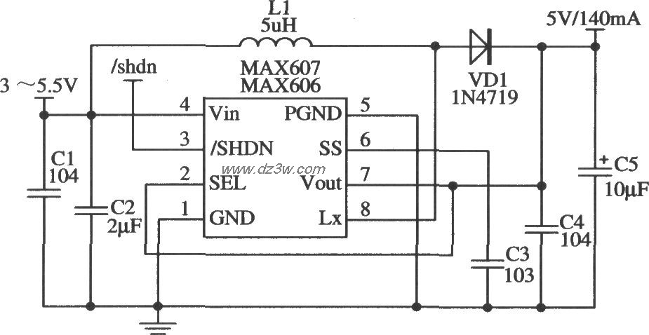 MAX606/MAX607構成5V輸出的應用電路