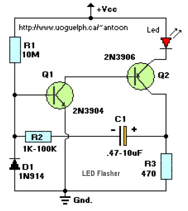 LED閃光(2個晶體管)電路原理圖