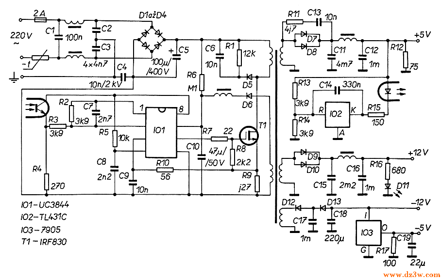 UC3844組成的正負5V,正負12V輸出開關電源電路