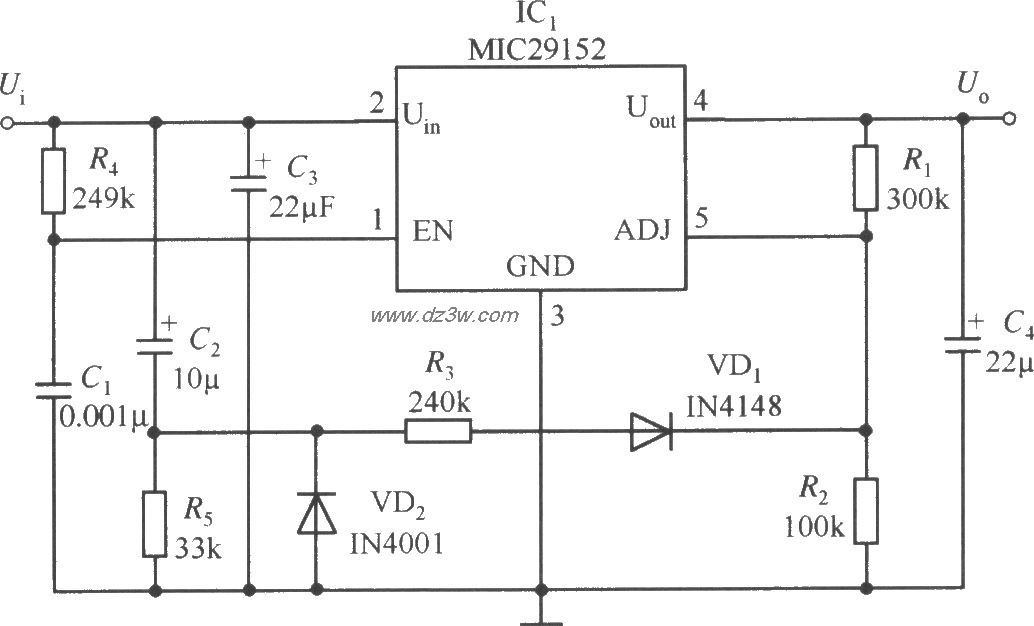 MIC29152構成的延遲啟動的穩壓器電路