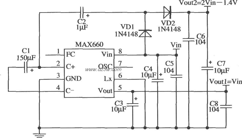 MAX660構成輸出兩種電壓的應用電路