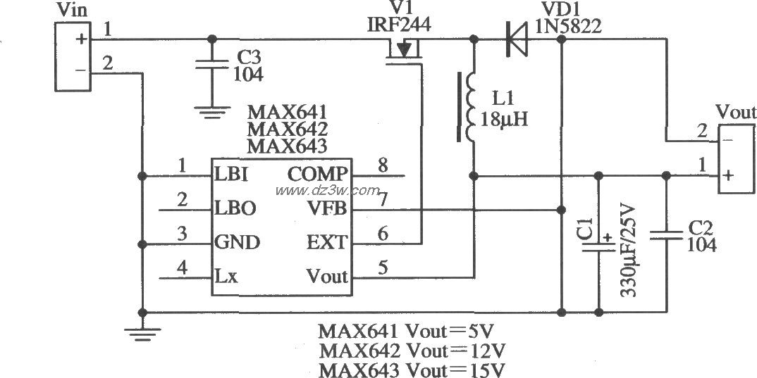 MAX641/MAX642構成降壓型固定輸出的應用電路