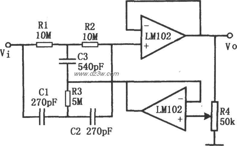 高Q值陷波濾波器(LM102)電路