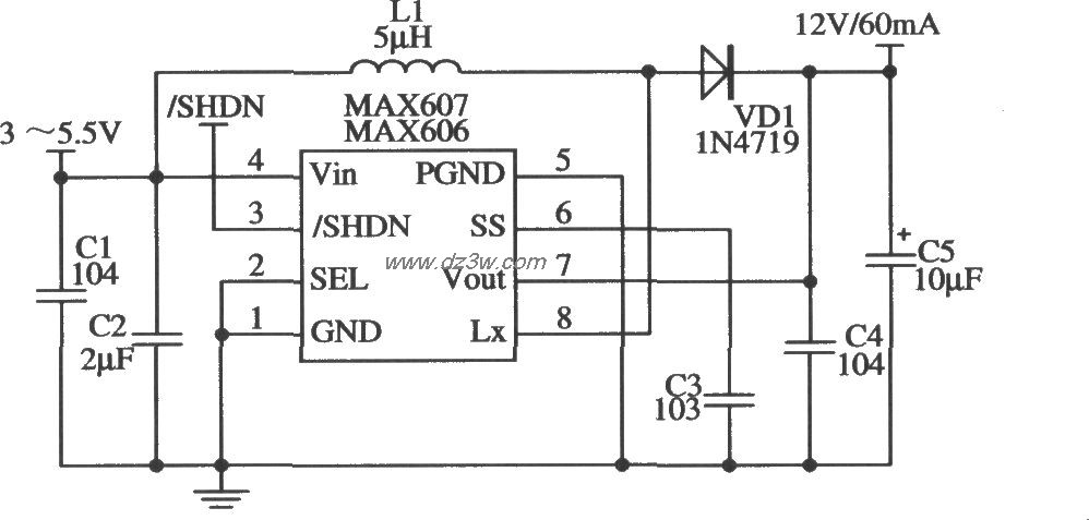 MAX606/MAX607構成l2V輸出的應用電路