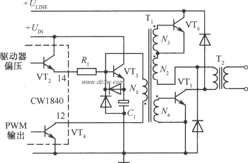 CW1840驅動雙極晶體管的單端正激變換式開關穩壓電路