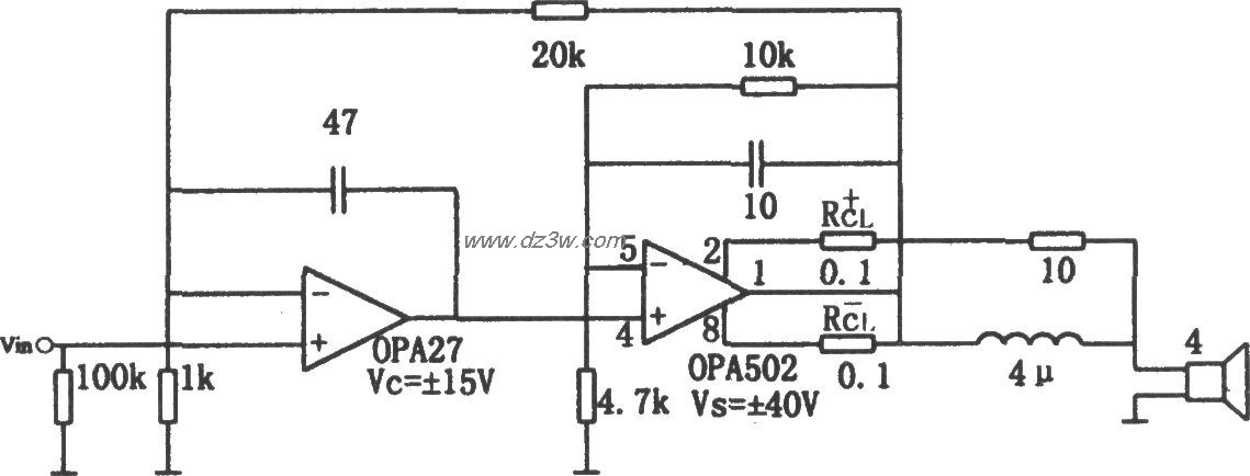 OPA502構成的高保真組合音響放大電路