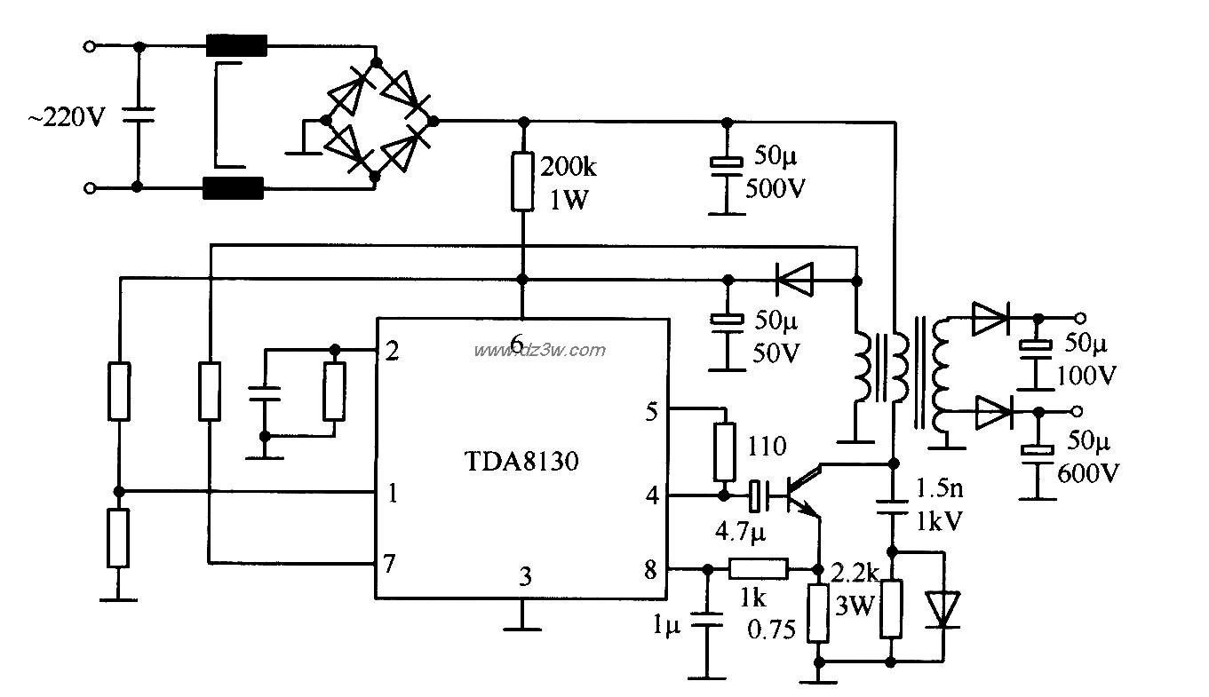 TDA8130典型應用電路（開關穩壓電源）