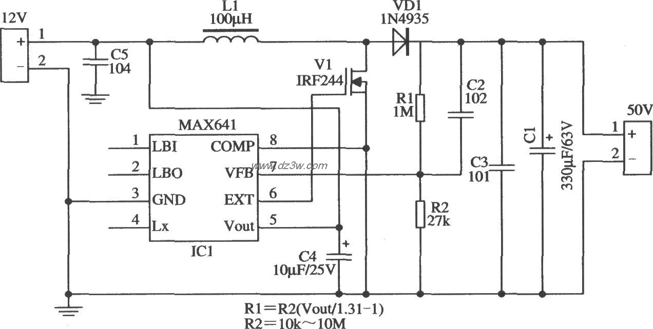 MAX641構成的輸出電壓較高的升壓型應用電路