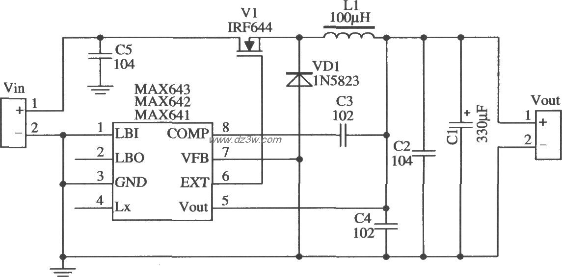 MAX641/MAX642構成降壓型輸出電流較大的應用電路